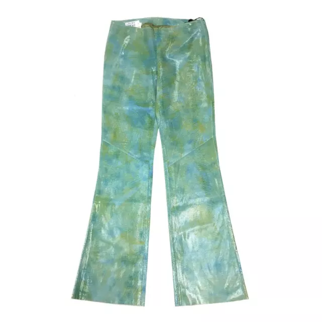 New NIGEL PRESTON Turquoise/Green Lizard-Print Suede Flare-Leg Pants SzS