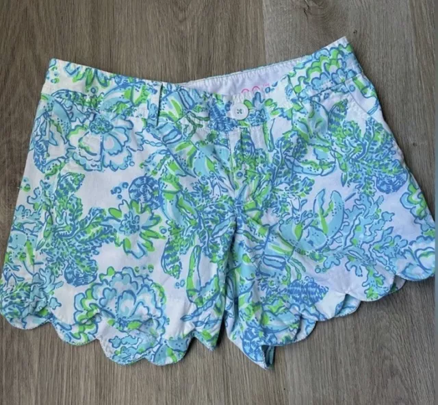 NWOT Lilly Pulitzer Blue Floral Lobster Print Buttercup Scalloped Shorts Size:00