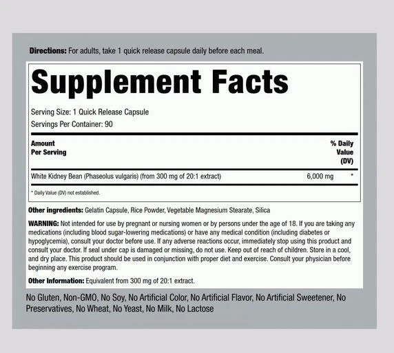 2 X PIPING ROCK White Kidney Bean Extract 180 Capsules, 6000 mg, CARB