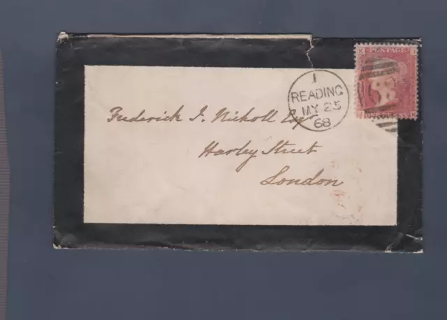 GB QV 1868 SG43 1d Penny Red London Mourning Cover Reading Duplex