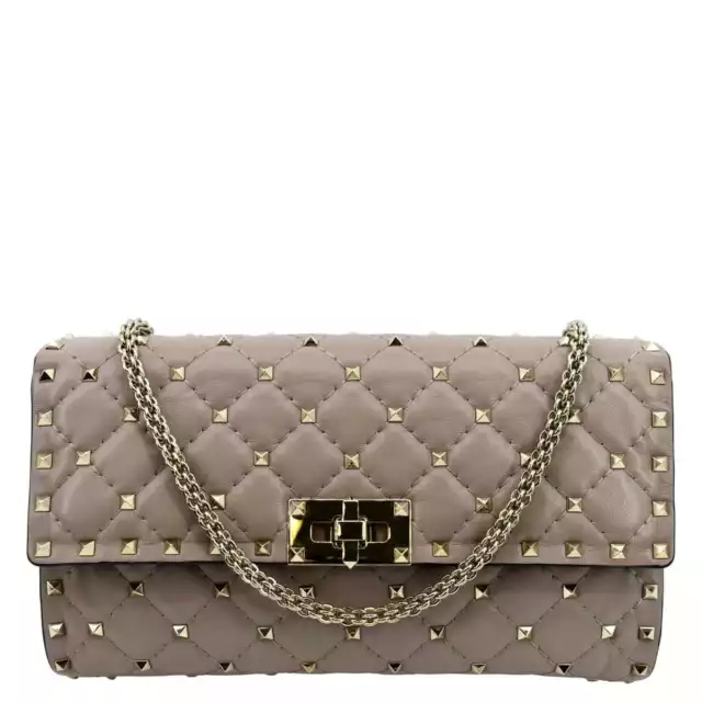 VALENTINO Rockstud Spike Quilted Leather Crossbody Chain Bag Poudre