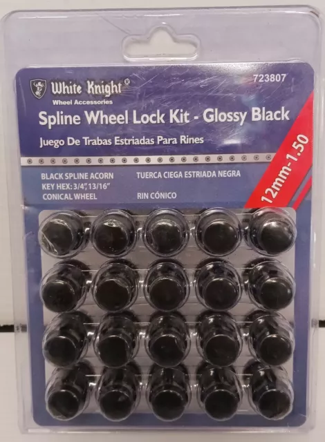 White Knight Spline Wheel Lock Kit Matte Black Acorn Lock 12mm-1.50 783807