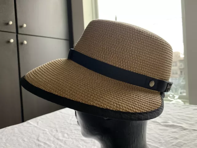 Eric Javits  UPF 50+ Sun Crest Straw Hat Black Ribbon Packable Extra Wide Brim