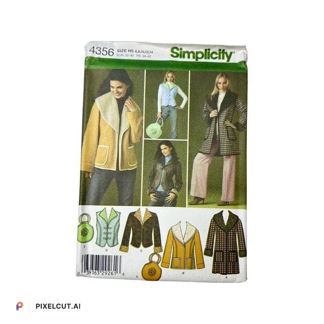 4356 Simplicity Chaqueta Pequeña Abrigo Chaleco Cartera Bolso Patrón de Costura Talla 6-14 Sin Cortar