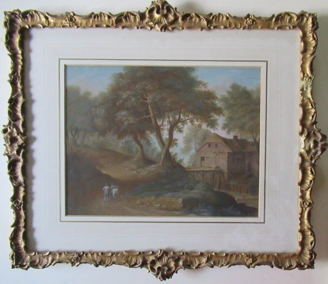 Antique 1758 Mid 18th Century Watermill Watercolour Painting Signed Gilt Framed