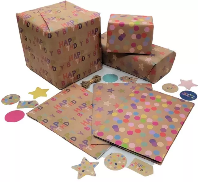 Eco Birthday Wrapping Paper 6 XL Sheets Natural String Tags Recyclable Gift Wrap