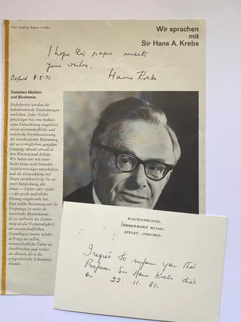 Hans Adolf Krebs - Nobelpreis Medizin 1953 -original Autogramm - 22 x  16 cm