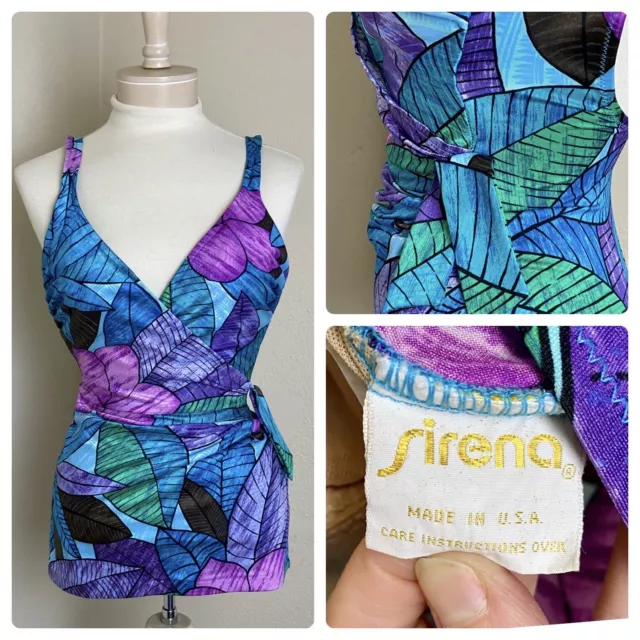 VTG 70's Sirena Wms One Piece Bathing Suit Purple Blue Leaves MCM Print sz 14 M