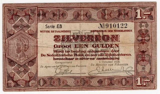 1938 Netherlands One 1 Zilverbon World Banknote Nice Bill