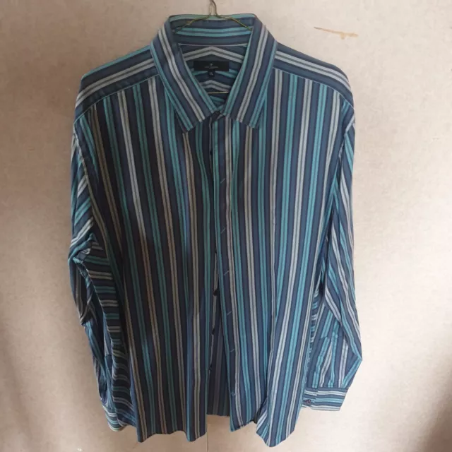 Mens JEFF BANKS Shirt XL Striped Blue Grey Silver Long Sleeved Casual Cotton