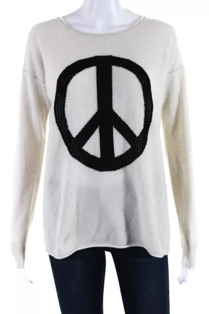 Autumn Cashmere Womens Peace Sign Crew Neck Sweater White Black Size Small