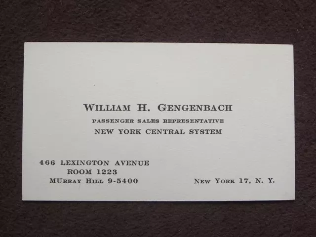 NEW YORK CENTRAL SYSTEM RAILROAD 1940's / 1950's BUSINESS CARD LEXINGTON AVE, NY