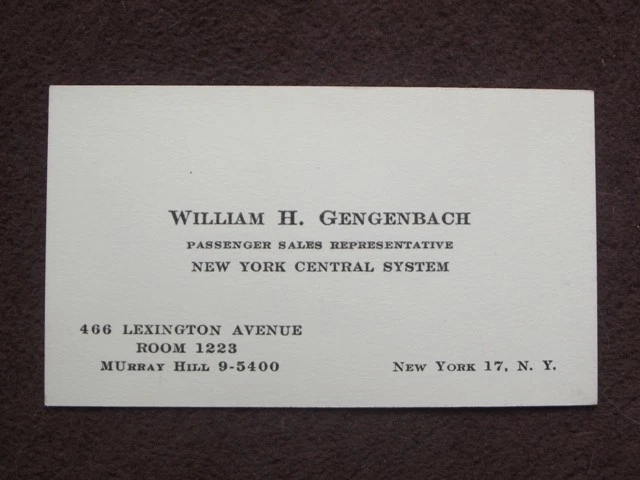 NEW YORK CENTRAL SYSTEM RAILROAD 1940's / 1950's BUSINESS CARD LEXINGTON AVE, NY