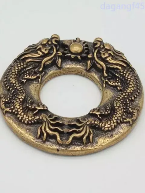 Chinese Collectible Exquisite Old Handmade Carving Pure Brass Double Dragon