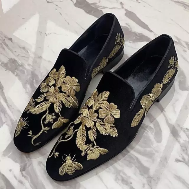 Loafers Men Shoes Black Imitation Suede Gold Embroidery Flower Business Shoes n