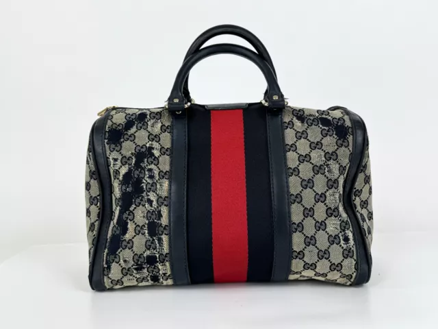 Gucci Auth Vintage Navy Red Web Boston Bag GG Monogram Canvas Leather Medium