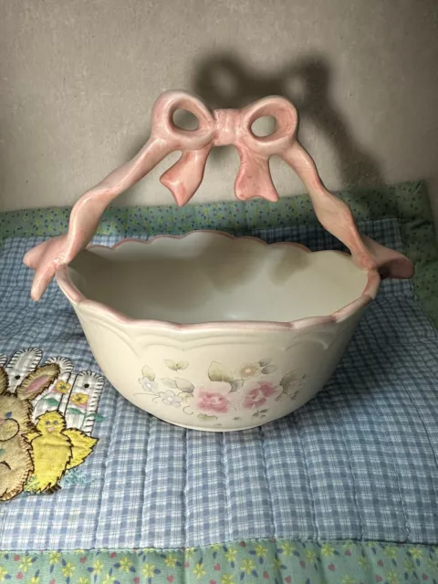 Vintage Pfaltzgraff “Tea Rose” Fruit Basket Bowl Pink Ribbon PRETTY!