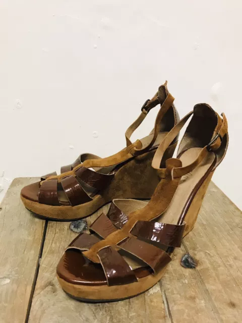 SESSUN Brown Leather Wedge Heeled Sandals Ladies Size 38 / 7 Gorgeous Pre-Loved 2