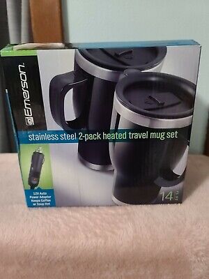 New Emerson Stainless Steel 14oz 2 Pack Heated Travel Mug Set  12V DC Adapter