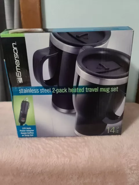 New Emerson Stainless Steel 14oz 2 Pack Heated Travel Mug Set  12V DC Adapter