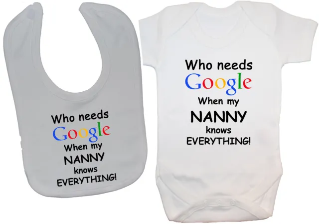 Who Needs Google Nanny Baby Bodysuit Romper T-Shirt & Feeding Bib 0-24m Boy Girl