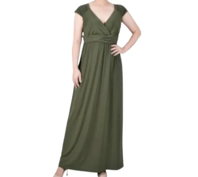 NY Collection Maxi Dress Womens size Large Petite PL Green Crossover Vneck New