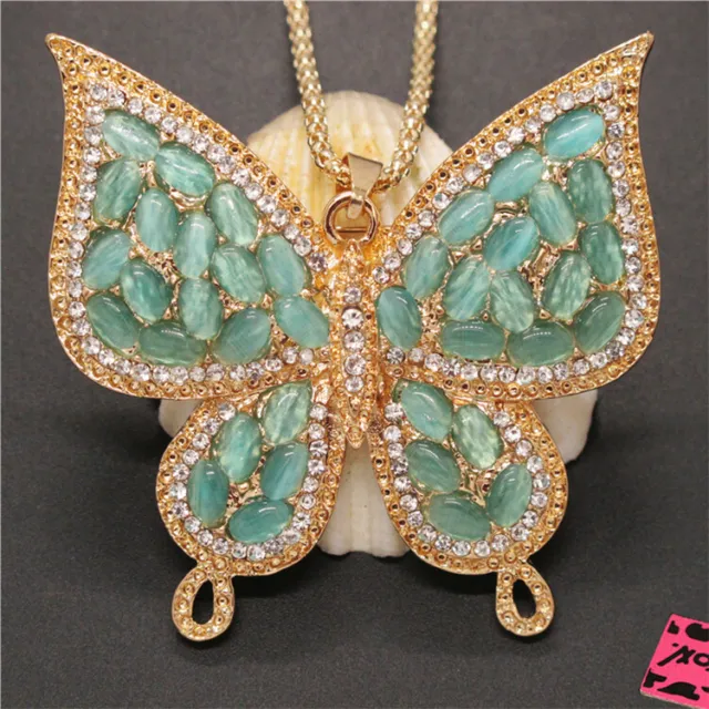 Fashion Cyan Bling Rhinestone Butterfly Sweater Women Jewelry Chain Necklace