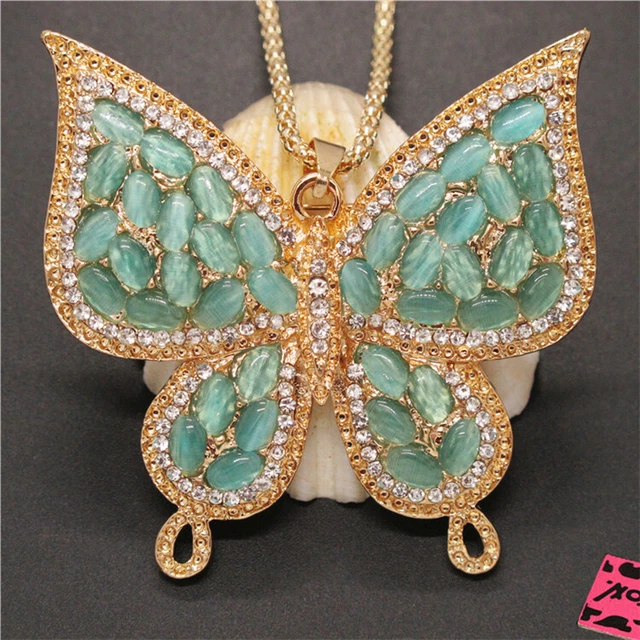 Fashion Cyan Bling Rhinestone Butterfly Sweater Women Jewelry Chain Necklace
