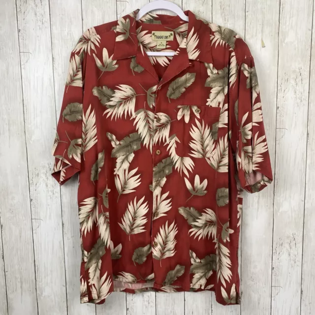 PARADISE COVES 100% SILK Hawaiian shirt Mens XL Red Gold Leaves Resort Vacation