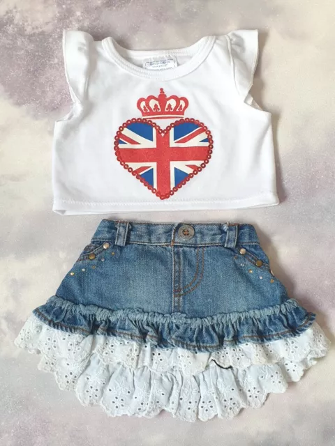 Build A Bear, White Union Jack T-shirt & Denim Skirt. B 249