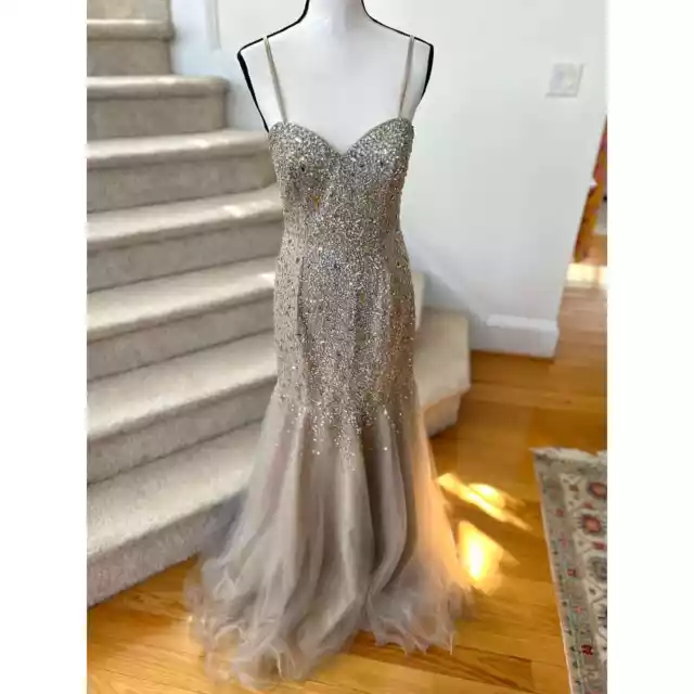 Glamour by Terani Couture Tan Silver & Citrine Beaded Illusion Mermaid Gown