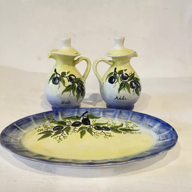 3 Pc Hand Painted Vinegar Oil Ceramic Cruet Set Olive Painting  Signed Spain 2