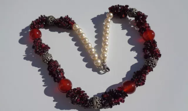 Lovely 1970'S/80'S? Vintage Real Garnet & Carnelian Silver Ball Bead Neckalce