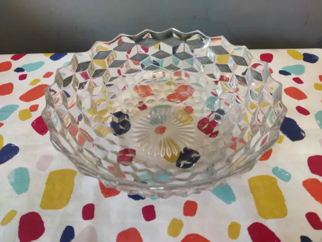 Vtg Fostoria American Cube Glass Fruit Bowl Art Deco 26.5cm 2