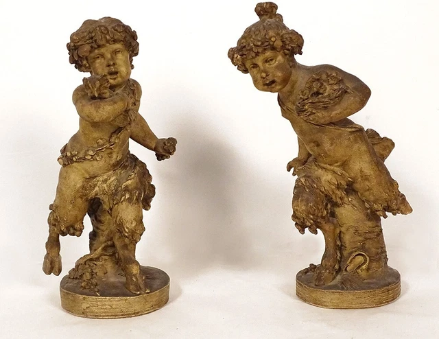 Paire sculptures statues Clodion Jeunes Satyres nid hiboux terre cuite XIXè