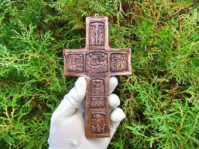 Orthodox wooden cross with brass oklad and biblical scenes MK3