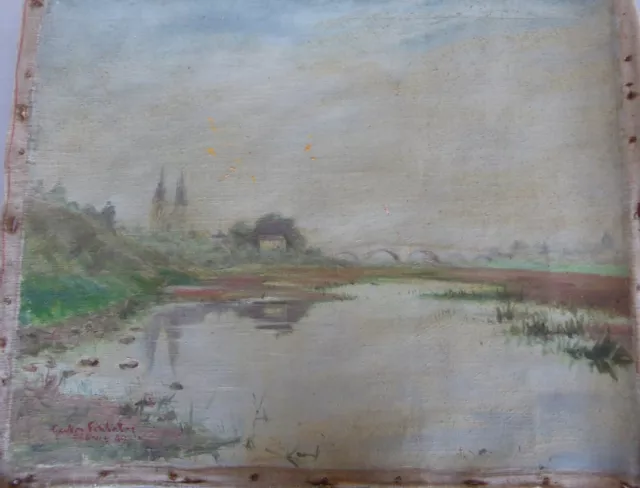 TABLEAU HUILE SUR TOILE VUE DE BLOIS DANS LA BRUME Gaston FONTAINE 1949