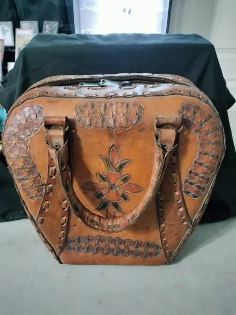 Vintage Handmade Tooled All Leather Single Ball Bowling Bag old antique punched