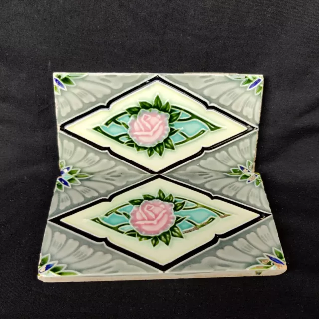 1940s Vintage Architecture Furniture Tile 2 Pc Floral Majolica Art Nouveau Japan 2
