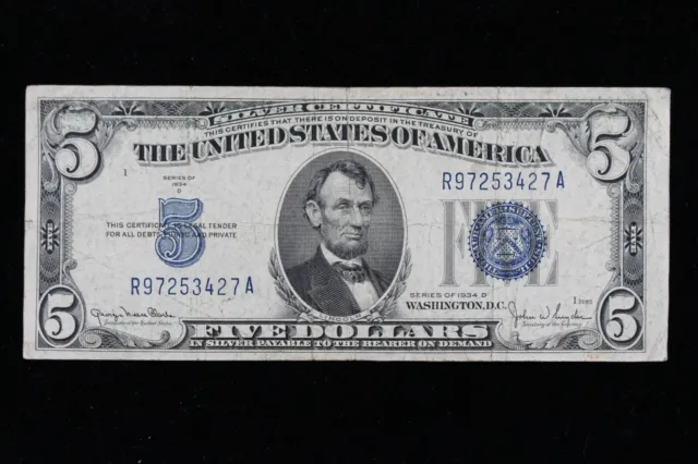 $5 1934D blue seal Silver Certificate Circulated R97253427A Exact Note Shown