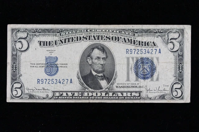 $5 1934D blue seal Silver Certificate Circulated R97253427A Exact Note Shown
