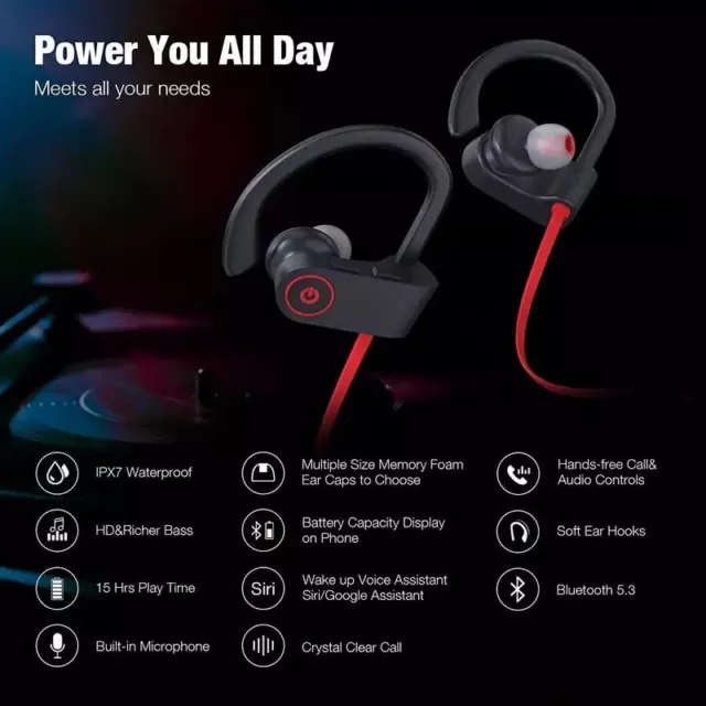 Waterproof Bluetooth 5.0 Stereo Sport Wireless Headphones in Ear Headset lot USA 2