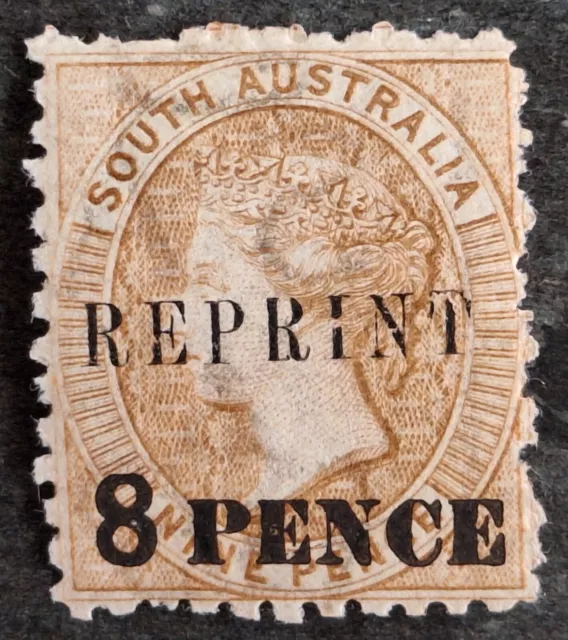 1889- South Australia 8 PENCE in Black on 9d Brown Sideface stamp P12 REPRINT