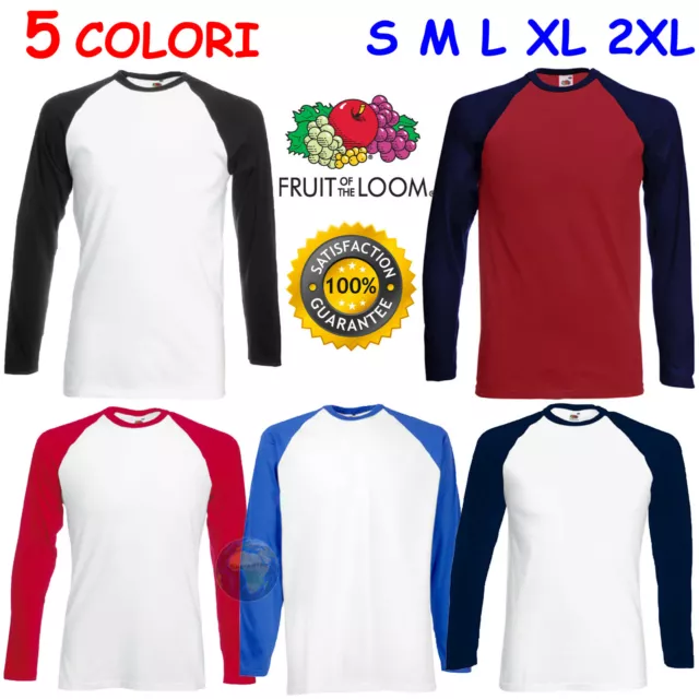 T-SHIRT da UOMO Baseball FRUIT OF THE LOOM Bicolore MAGLIETTA a MANICHE LUNGHE