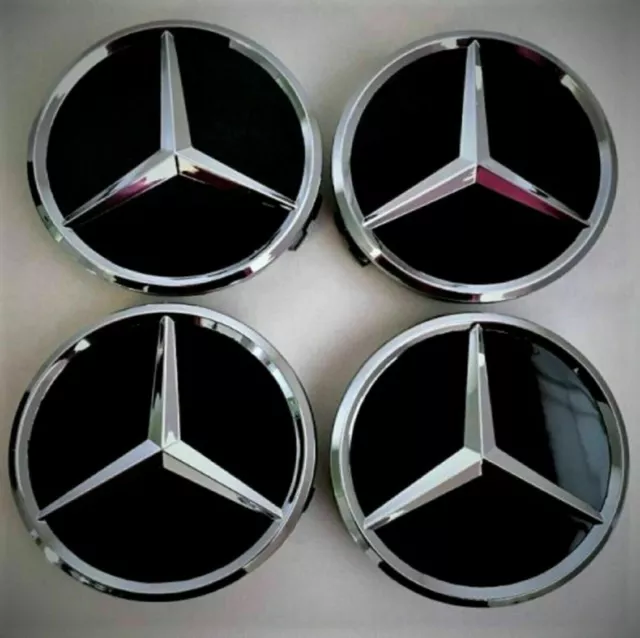 Neu 4 x für Mercedes-Benz 75mm Schwarz/Glanz/Chrom Nabendeckel Nabenkappen 2024+