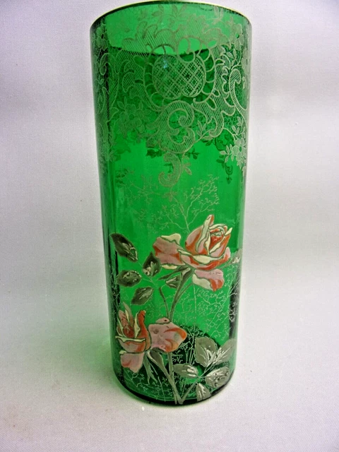 Vase rouleau verre vert émaillé Legras, Art Nouveau fin XIXème, décor de roses