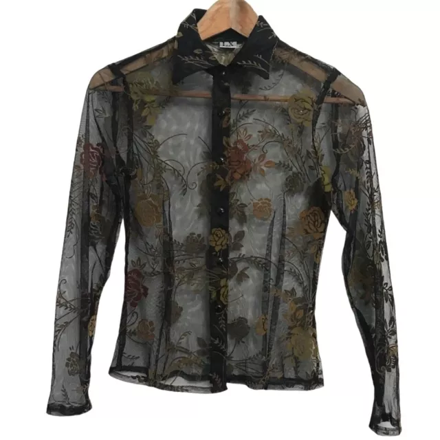 Vintage LUX Y2K Sheer Floral Flocked Button Down Shirt XS Blouse 90s 00s LX VTG