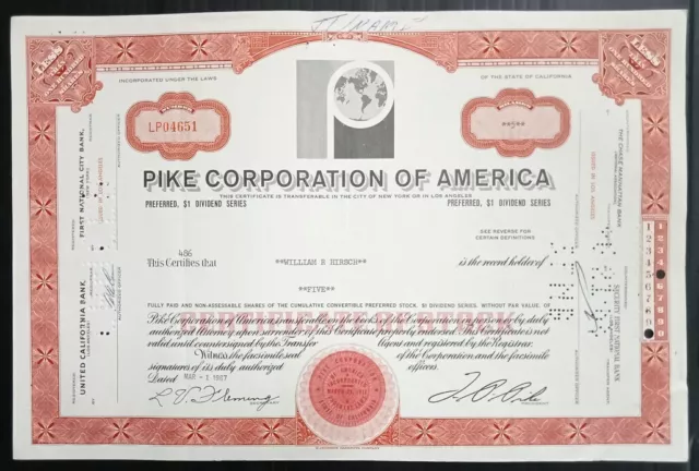 AOP USA 1967 Pike Corporation of America 5 shares certificate