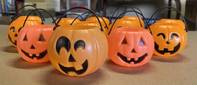 Twelve Mini Orange Blow Mold Halloween Jack-O-Lantern Pumpkins With Handles 3”