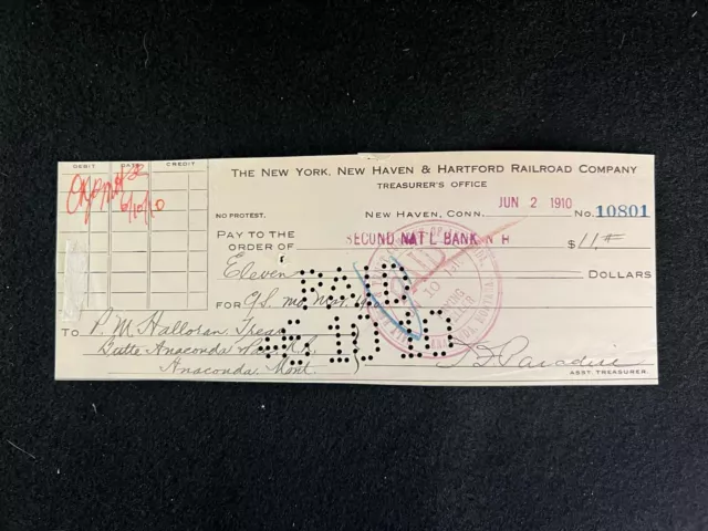 The New York New Haven & Hartford Railroad Company Check 1910